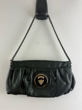 Authentic GUCCI Black Pebbled Leather Crest Plaque Chain Shoulder Bag